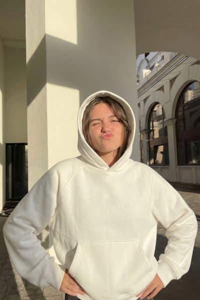 CrepTekstil Women's Oversize Basic Hoodie Sweatshirt White – Hooded, Kangaroo Pocket, 3-Thread Ribbed Fleece