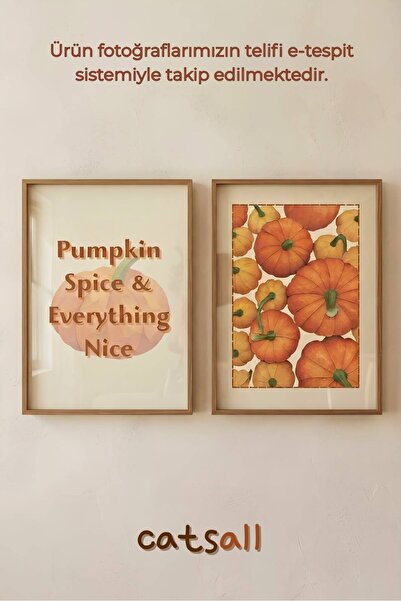catsall Retro Sonbahar Temalı Balkabağı Desenli Pumpkin Spice 2 Adet Tablo Po...