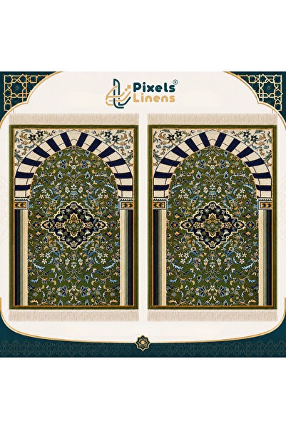 PixelsLinens مجموعة 2 سجادة صلاة فاخرة بنقوش مستوحاة من الروضة الشريفة من بكس...