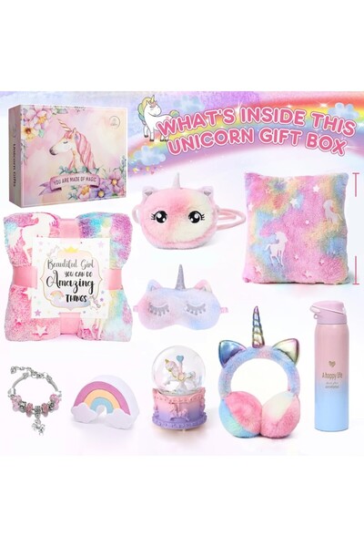 Giftry Set cadou Giftry®, 9 piese, Patura fosforescenta Unicorn, Sticla Termo...