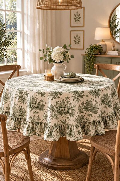 linea natura home Yeşil Duck Kumaş Fransız Köylü Desenli Yuvarlak Fırfırlı Ma...