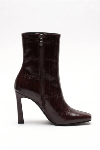 uqpe Women's Thin Heeled Square Toe Zippered Ankle High Heel Boots - Lumi - Brown Croco