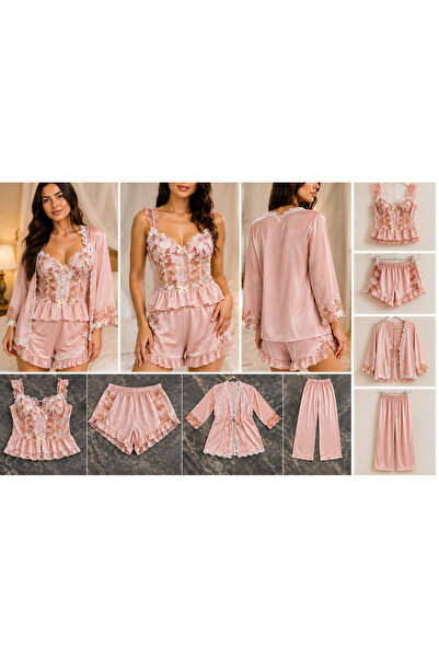 Generic Brand طقم بيجامة من الساتان مكون من 4 قطع مع تطريز زهور ودانتيل