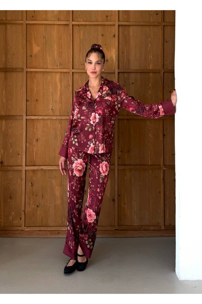 Velvet Flora Saten Uzun Kollu Pijama Takımı
