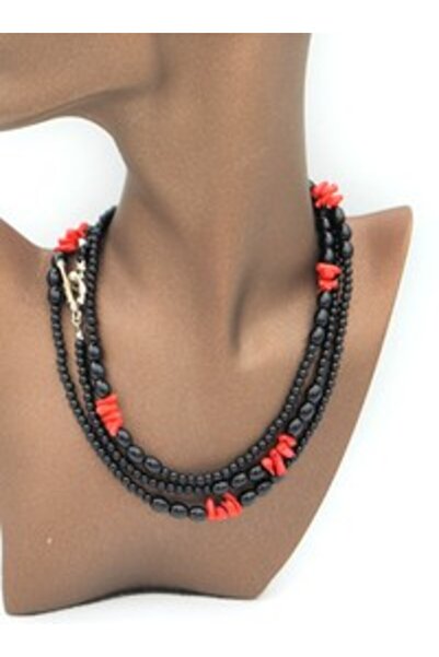 Stoneage Original Onyx Stone and Coral Gemstone Healing Necklace - Black -