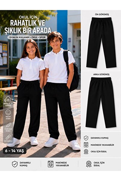 KOZADANKIDS Çocuk Siyah Eşofman Altı Kız Erkek Unisex 6-14 Yaş Okul Pantolonu...