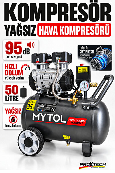PROXTECH Mytol 50 Litre 1,5HP Yağsız Sessiz Hava Kompresörü Hızlı Dolum Kompr...