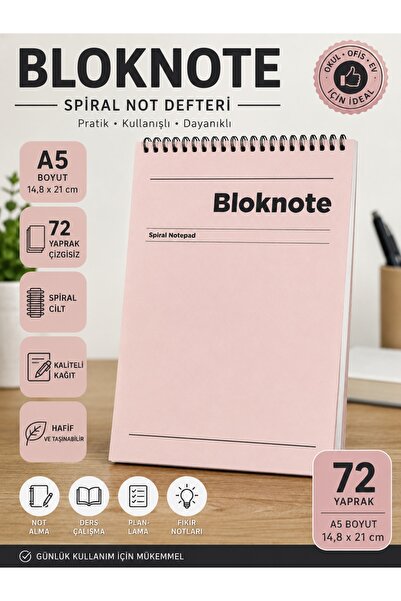 kumkumticaret A5 Spiralli Bloknot 72 Yaprak Çizgisiz Not Defteri – Okul Ofis ...
