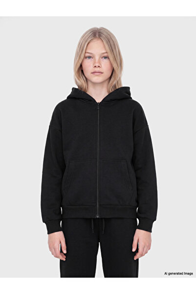 LC Waikiki Lcw Black Hooded Thick Girls' Zippered Sweatshirt
