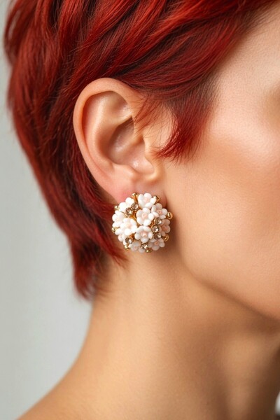 Fildişi Aksesuar Premium White Flower Bouquet Shaped Women's Earrings Double Pieces Handmade Earrings
