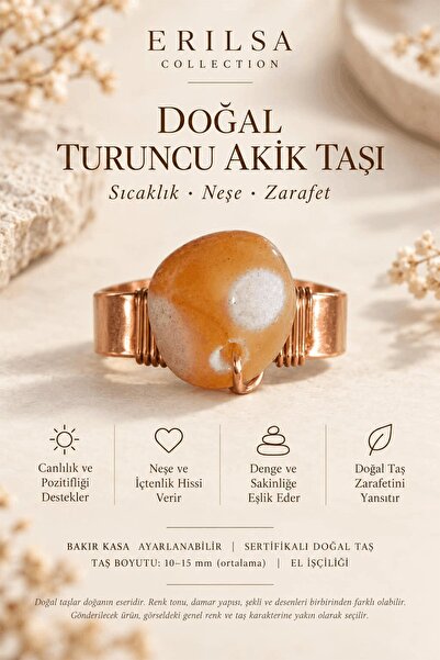 Erilsa Certified Natural Orange Agate Stone Ring Copper Case Adjustable Handc...