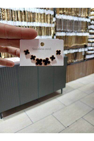 GUNESTAKI Gold Siyah Çoklu 6lı Yonca Çelik Küpe