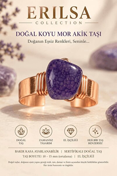 Erilsa Certified Dark Purple Agate Stone Ring Copper Case Handcrafted Adjusta...
