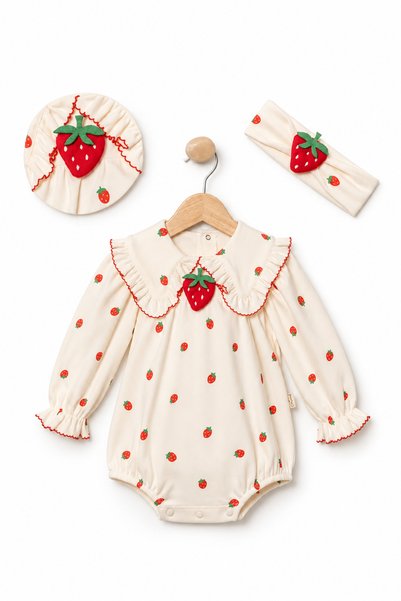 LİLİYUM 100% Cotton Strawberry Patterned Ruffled Baby Girl Romper Set Without Socks |   3-6 6-9 9-12 Months