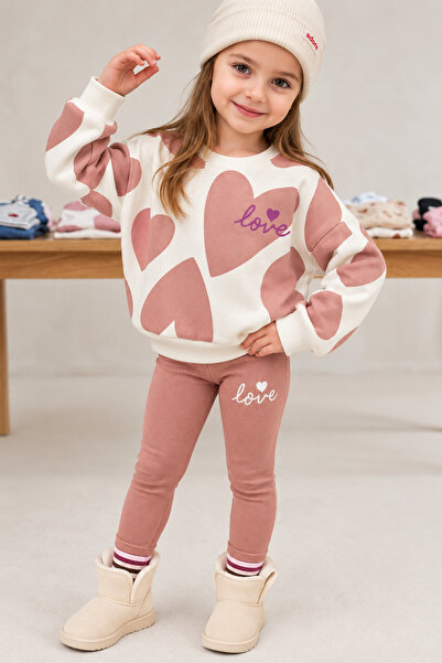 ninita kids Girl's Heart Patterned Tracksuit Set – Sweatshirt & Leggings
