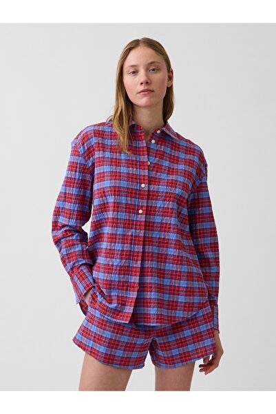 GAP Kadın Kırmızı Seersucker Kareli Oversized Gömlek