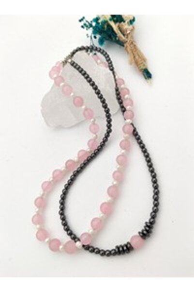 Stoneage Healing Necklace with Pink Quartz and Hematite Stones - Gray