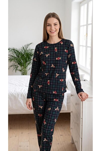 TrendModessa Γυναικείο σετ πιτζάμες με πράσινο βαμβακερό σχέδιο αρκουδάκι