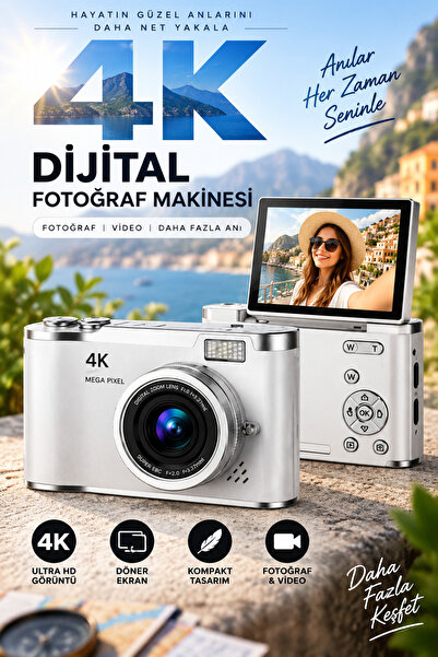 Weskam 4K Dijital Fotoğraf Makinesi 180° Döner Ekranlı Kamera Selfie Vlog Fot...