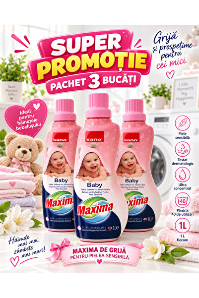 Sano Συσκευασία 3 τεμαχίων Maxima Baby, μαλακτικό ρούχων, 1 λίτρο/τεμάχιο