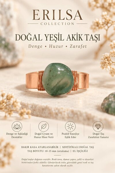 Erilsa Certified Natural Green Agate Stone Ring Copper Case Adjustable Handcr...