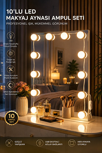 SYN AKSESUAR 10’lu LED Yapışkanlı Ayna Işığı – Parlaklık Ayarlı Makyaj Aynası...
