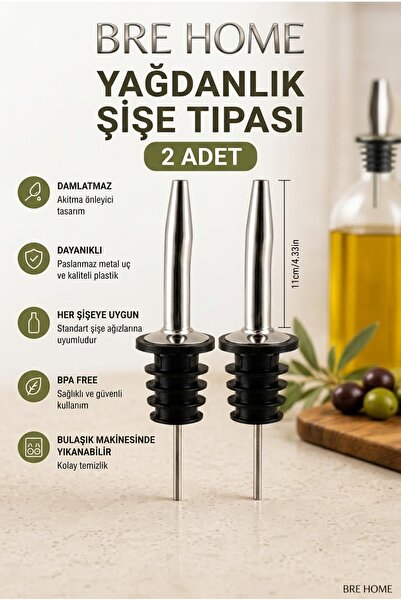 BRE HOME 2 Adet Paslanmaz Çelik Yağdanlık Şişe Tıpası – Damlatmaz Metal Ağızl...