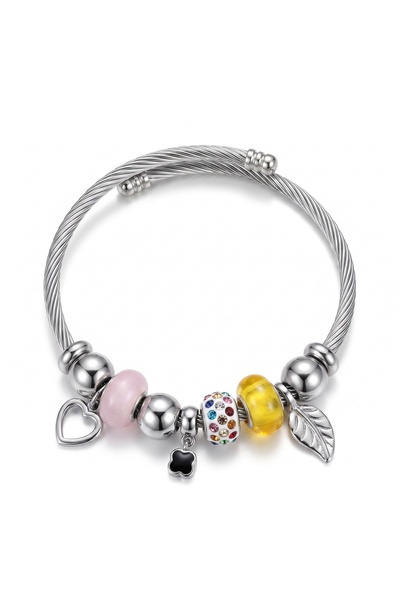 JUPINK Çelik Kadın Bileklik Silver Charm Pembe Sarı Boncuklu Kristal Mine Detaylı