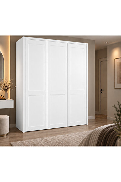 Genel Markalar Luna 3 Kapaklı beyaz Mat MDF Gardırop – Ledli Modern Yatak Oda...