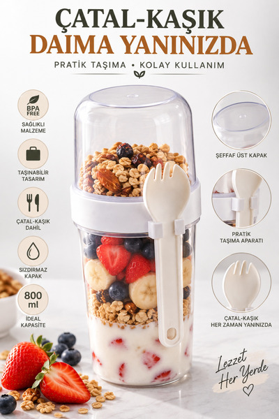 Awesomecrochet 800 ml Muesli Yogurt Container with Fork and Spoon Portable Breakfast and Snack Container