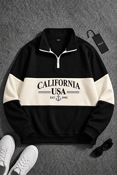FECCY Φούτερ Premium Unisex σε μαύρο χρώμα με ρίγες και στάμπα Καλιφόρνια, με...