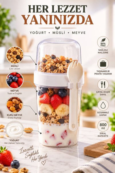 Awesomecrochet 800 ml Muesli Yogurt Container with Fork and Spoon Portable Breakfast and Snack Container