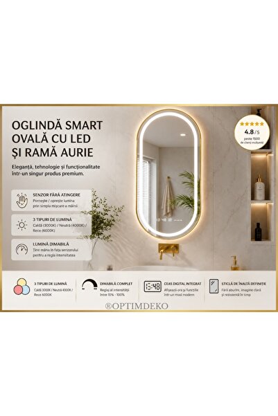 OEM Oglindă LED ovală premium, cadru auriu, 50 x 80 cm, sistem anti-aburire, ceas și termometru, reglabilă.