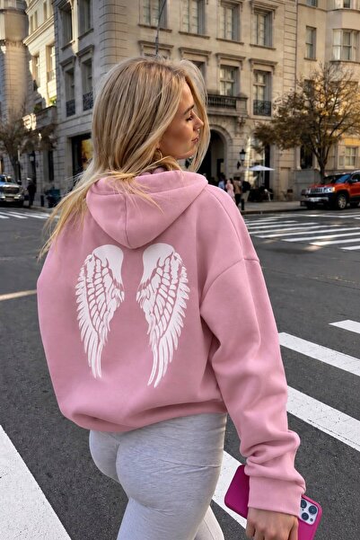 Mad&Calf Women's Angel Wings Printed Hooded Fleece Oversize Sweatshirt