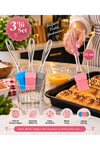 Genel Markalar 3’lü Silikon Pasta ve Yumurta Fırçası Seti 21 cm – Mavi, Pembe...