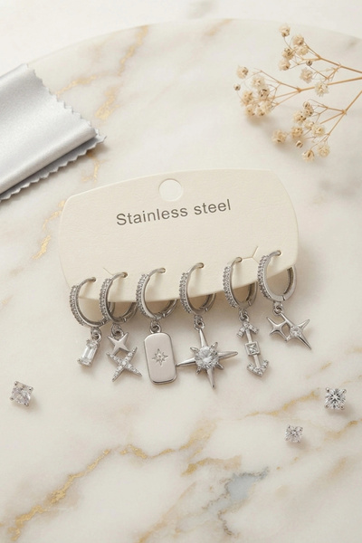 online kapsulavm avm alışveriş 316L Steel Silver Color Pole Star Detailed Wom...