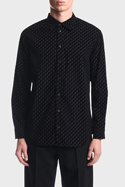 Emporio Armani قميص رجالي بأكمام طويلة من القطن بشعار مخملي EM006705 AF27982 ...