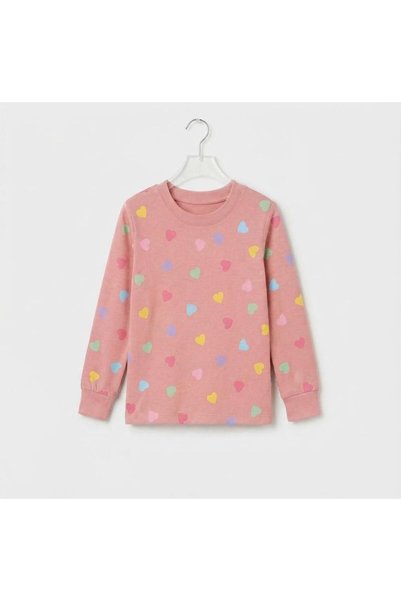 Little D&E Girl's Pink Colorful Heart Patterned 100% Cotton Long Sleeve Pajama Set