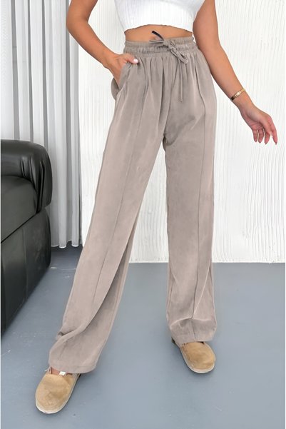 noov Women's Elastic Waist Lace-Up Striped Palazzo Gabardine Trousers 6023 Beige - Premium Series