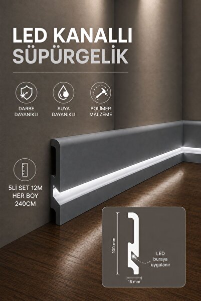 Dekor 10cm Antrasit Süpürgelik,5 Adet 12m LED Kanallı Polimer Duvar Dekorasyo...