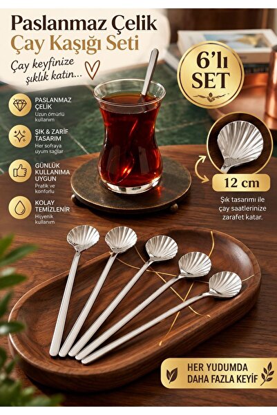 Razmo Premium 6'lı İstiridye Model Çay Kaşığı Seti - 12 cm Paslanmaz Çelik Mi...