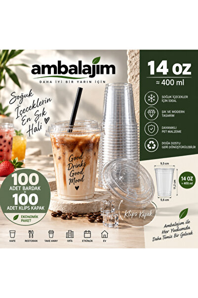 Ambalajım 14 OZ PET Şeffaf Soğuk İçecek Bardağı Klips Kapaklı 100 Bardak + 10...
