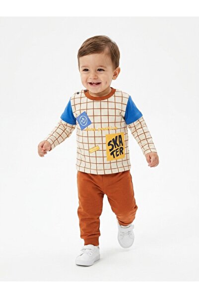 Kids Kingdom Pamuk Kareli Macera Erkek Bebek 2li Takım Kahverengi ve mavi