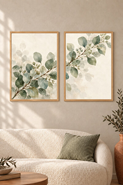 HOPE DİZAYN Botanik Dağ ve Güneş Desenli 2’li Ahşap Çerçeveli Bohem Tablo Seti