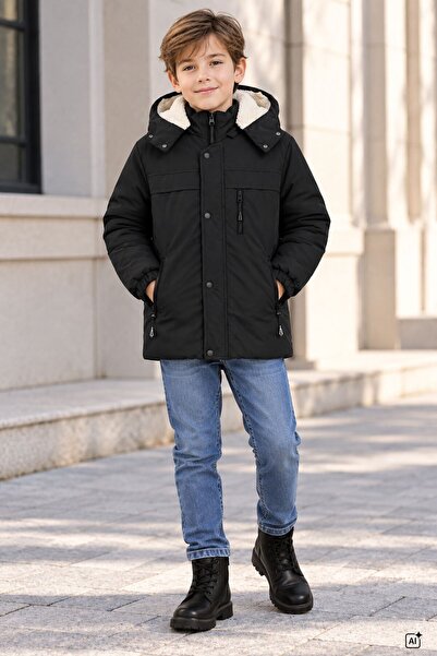 CansınMini Black Boy's Inflatable Coat with Zipper, Chest Pocket, Fur Inside ...