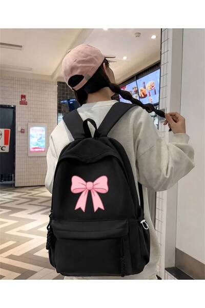 Minga London Black Ribbon Pink Printed School, Class, Course Backpack