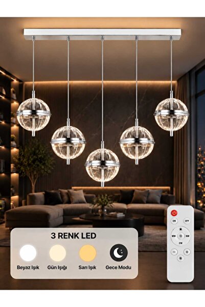 tavion lighting küre 5li sıralı avize 3 renk led secenekli kumandalı salon ot...
