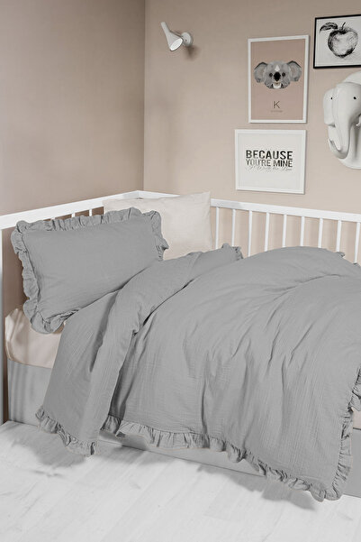 Maison Bebe Kz Ruffled 100% Cotton Muslin Baby Duvet Cover Set - Gray