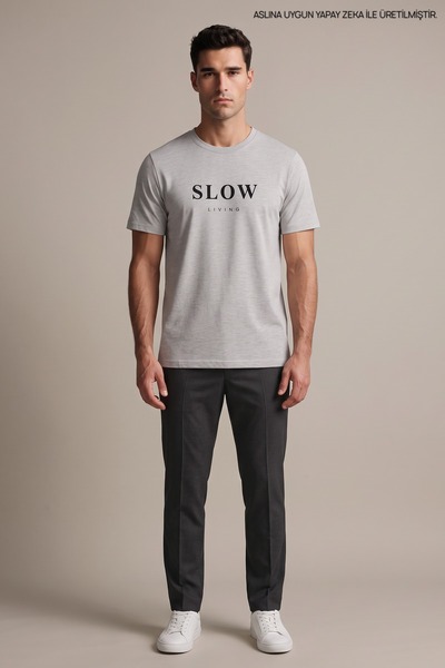 Maccali Gray Men's Slow Living Printed Crew Neck Loose Fit T-Shirt