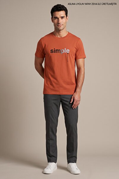 Maccali Orange Men's Simple Printed Crew Neck Loose Fit T-Shirt